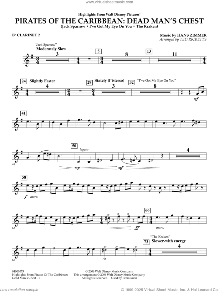 Highlights from Pirates Of The Caribbean: Dead Man's Chest sheet music for concert band (Bb clarinet 2) by Hans Zimmer and Ted Ricketts, intermediate skill level