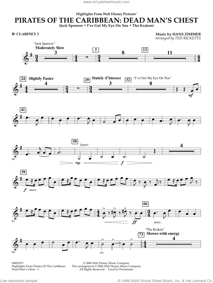 Highlights from Pirates Of The Caribbean: Dead Man's Chest sheet music for concert band (Bb clarinet 3) by Hans Zimmer and Ted Ricketts, intermediate skill level