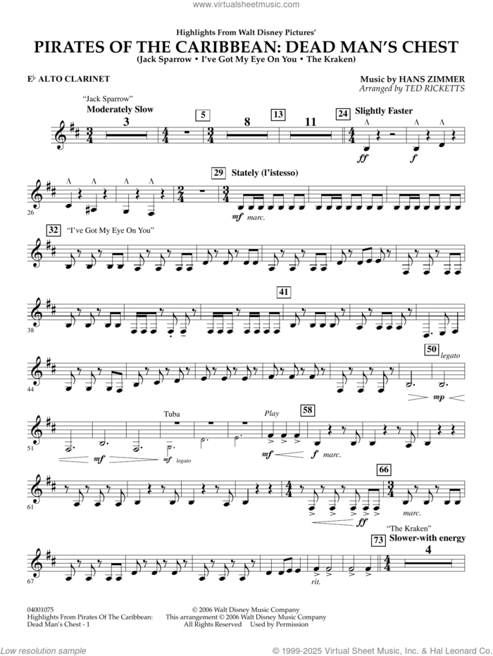 Highlights from Pirates Of The Caribbean: Dead Man's Chest sheet music for concert band (Eb alto clarinet) by Hans Zimmer and Ted Ricketts, intermediate skill level