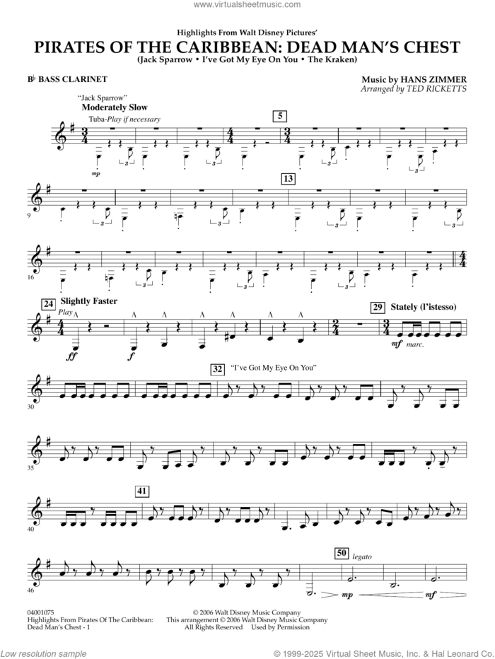 Highlights from Pirates Of The Caribbean: Dead Man's Chest sheet music for concert band (Bb bass clarinet) by Hans Zimmer and Ted Ricketts, intermediate skill level