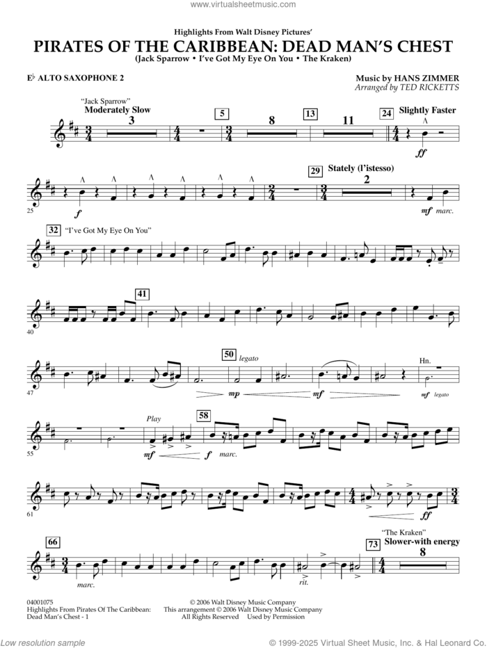 Highlights from Pirates Of The Caribbean: Dead Man's Chest sheet music for concert band (Eb alto saxophone 2) by Hans Zimmer and Ted Ricketts, intermediate skill level