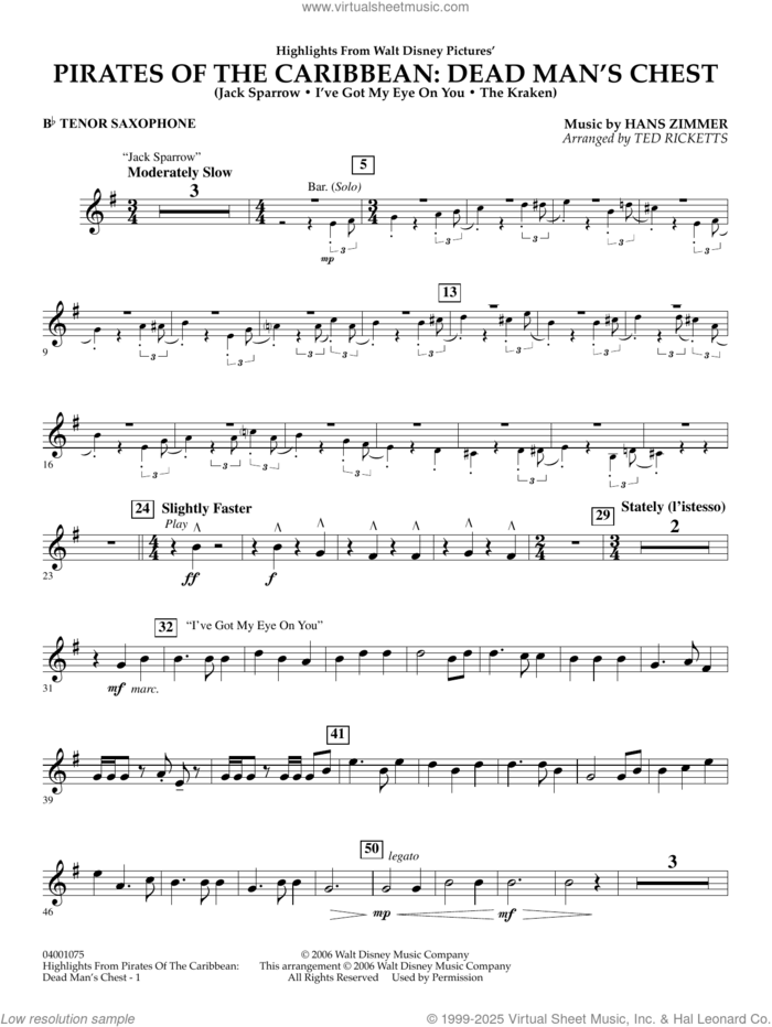 Highlights from Pirates Of The Caribbean: Dead Man's Chest sheet music for concert band (Bb tenor saxophone) by Hans Zimmer and Ted Ricketts, intermediate skill level