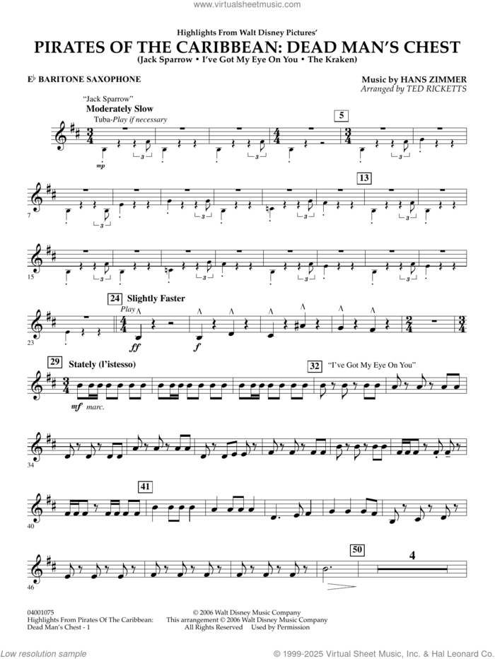 Highlights from Pirates Of The Caribbean: Dead Man's Chest sheet music for concert band (Eb baritone saxophone) by Hans Zimmer and Ted Ricketts, intermediate skill level