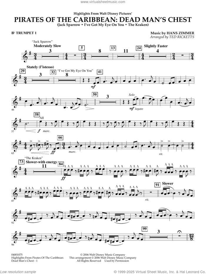 Highlights from Pirates Of The Caribbean: Dead Man's Chest sheet music for concert band (Bb trumpet 1) by Hans Zimmer and Ted Ricketts, intermediate skill level