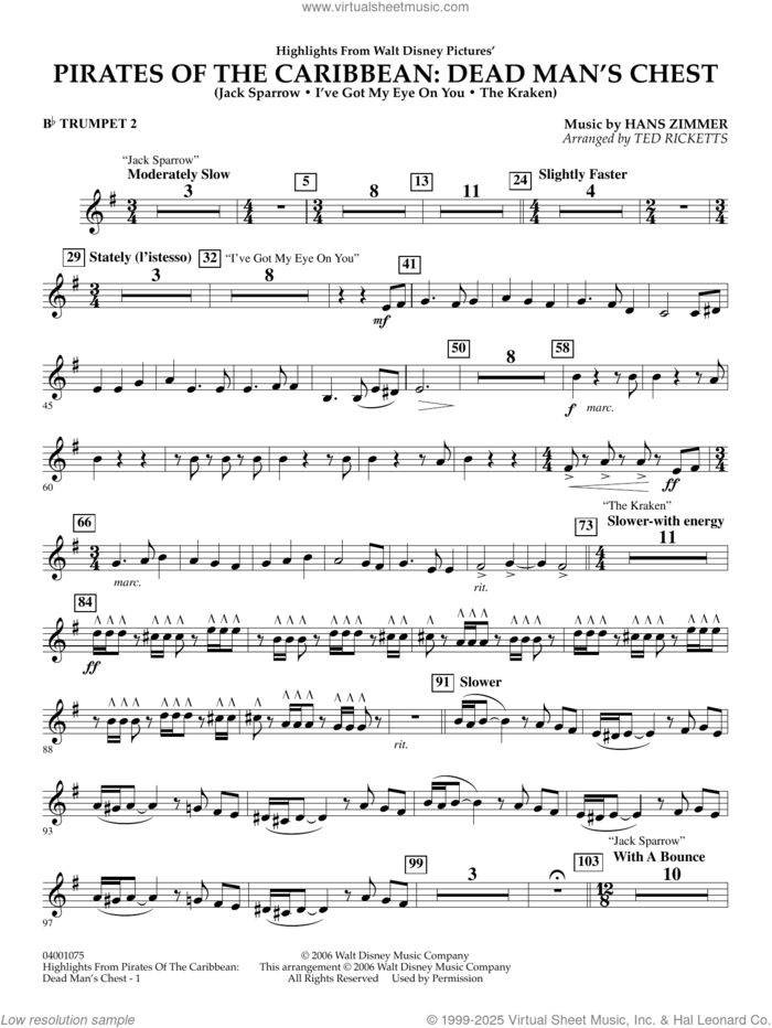 Highlights from Pirates Of The Caribbean: Dead Man's Chest sheet music for concert band (Bb trumpet 2) by Hans Zimmer and Ted Ricketts, intermediate skill level