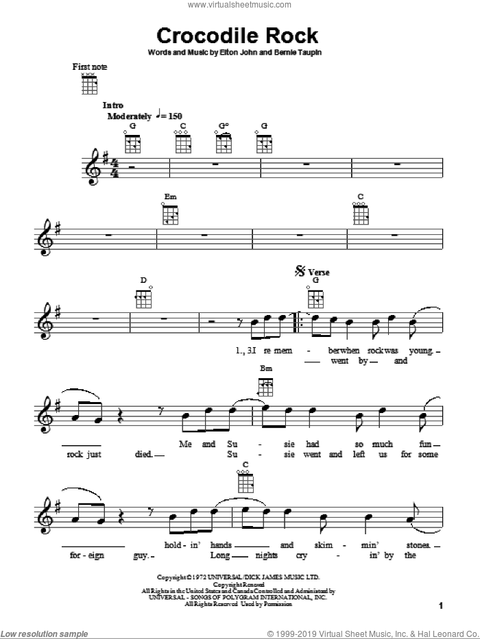 Crocodile Rock sheet music for ukulele by Elton John and Bernie Taupin, intermediate skill level