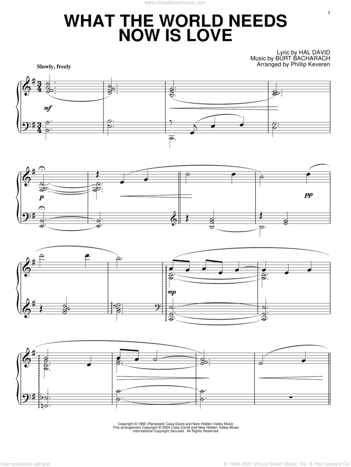 What The World Needs Now Is Love (arr. Phillip Keveren), (intermediate) sheet music for piano solo by Bacharach & David, Phillip Keveren, Burt Bacharach and Hal David, wedding score, intermediate skill level