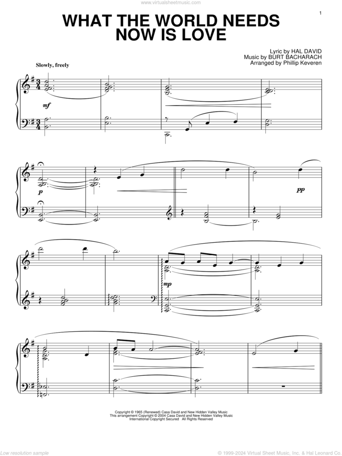 What The World Needs Now Is Love (arr. Phillip Keveren), (intermediate) sheet music for piano solo by Bacharach & David, Phillip Keveren, Burt Bacharach and Hal David, wedding score, intermediate skill level