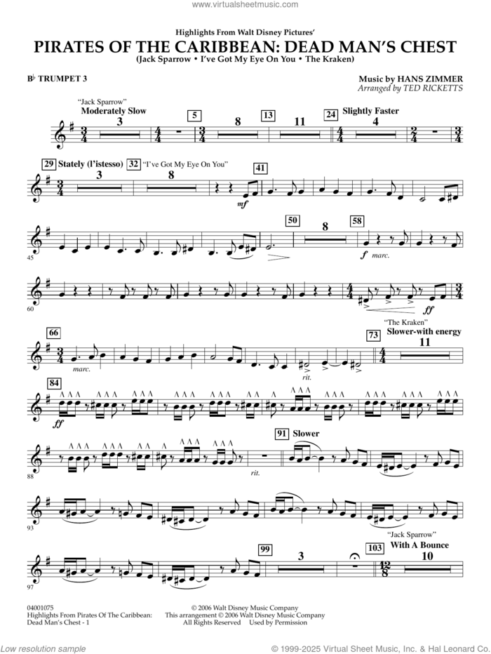Highlights from Pirates Of The Caribbean: Dead Man's Chest sheet music for concert band (Bb trumpet 3) by Hans Zimmer and Ted Ricketts, intermediate skill level