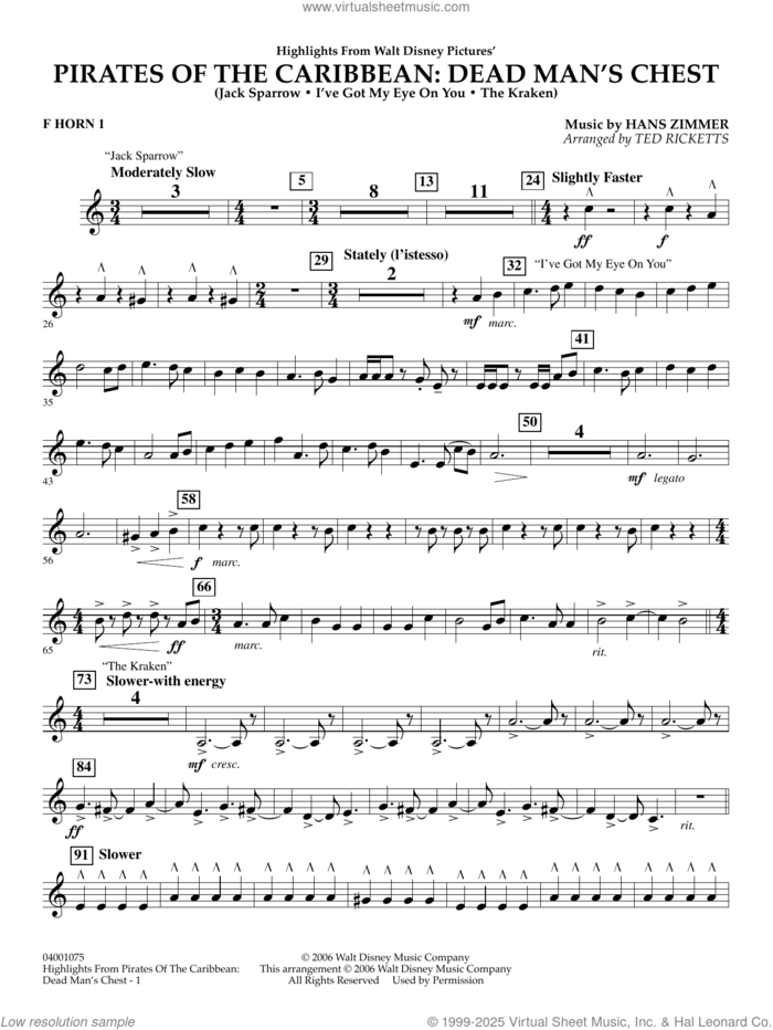 Highlights from Pirates Of The Caribbean: Dead Man's Chest sheet music for concert band (f horn 1) by Hans Zimmer and Ted Ricketts, intermediate skill level
