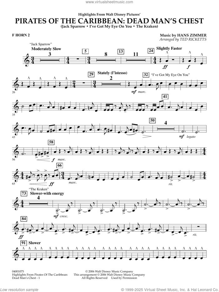 Highlights from Pirates Of The Caribbean: Dead Man's Chest sheet music for concert band (f horn 2) by Hans Zimmer and Ted Ricketts, intermediate skill level