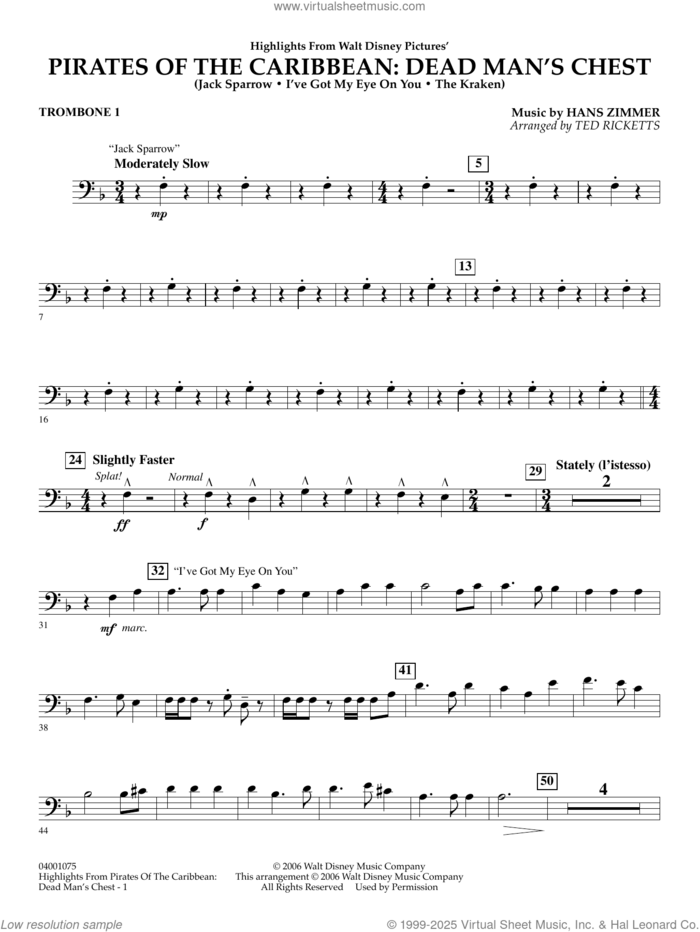 Highlights from Pirates Of The Caribbean: Dead Man's Chest sheet music for concert band (trombone 1) by Hans Zimmer and Ted Ricketts, intermediate skill level