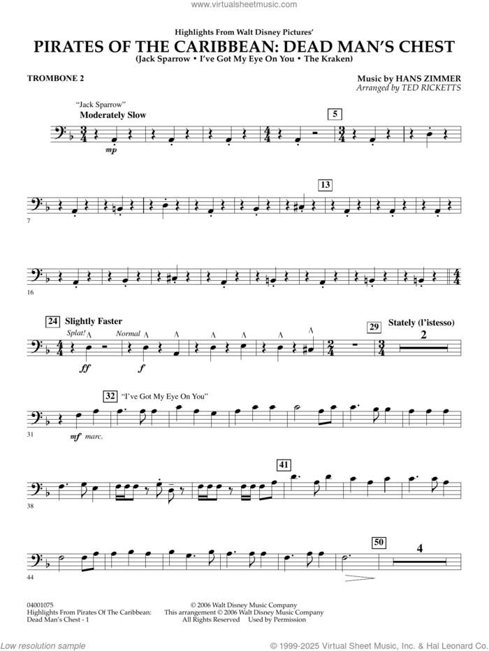 Highlights from Pirates Of The Caribbean: Dead Man's Chest sheet music for concert band (trombone 2) by Hans Zimmer and Ted Ricketts, intermediate skill level