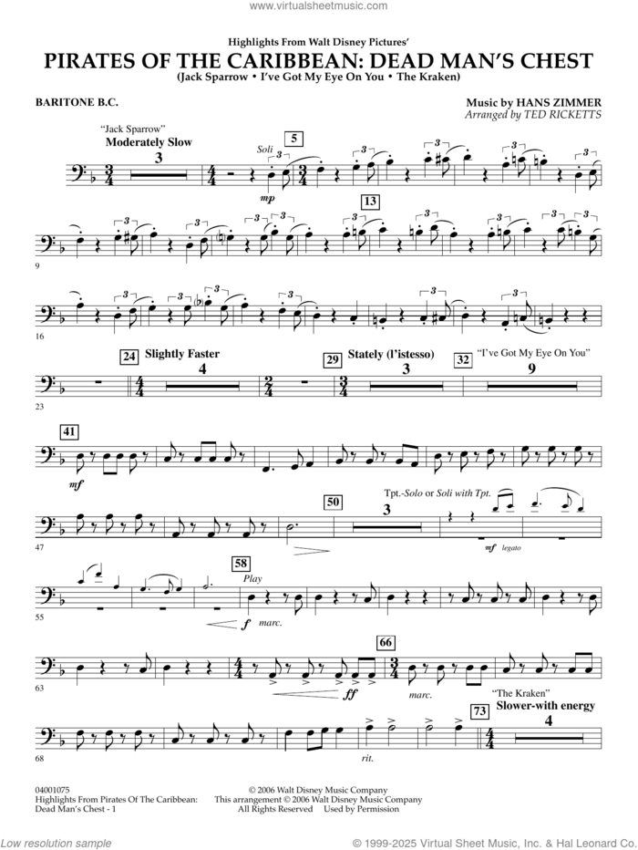 Highlights from Pirates Of The Caribbean: Dead Man's Chest sheet music for concert band (baritone b.c.) by Hans Zimmer and Ted Ricketts, intermediate skill level