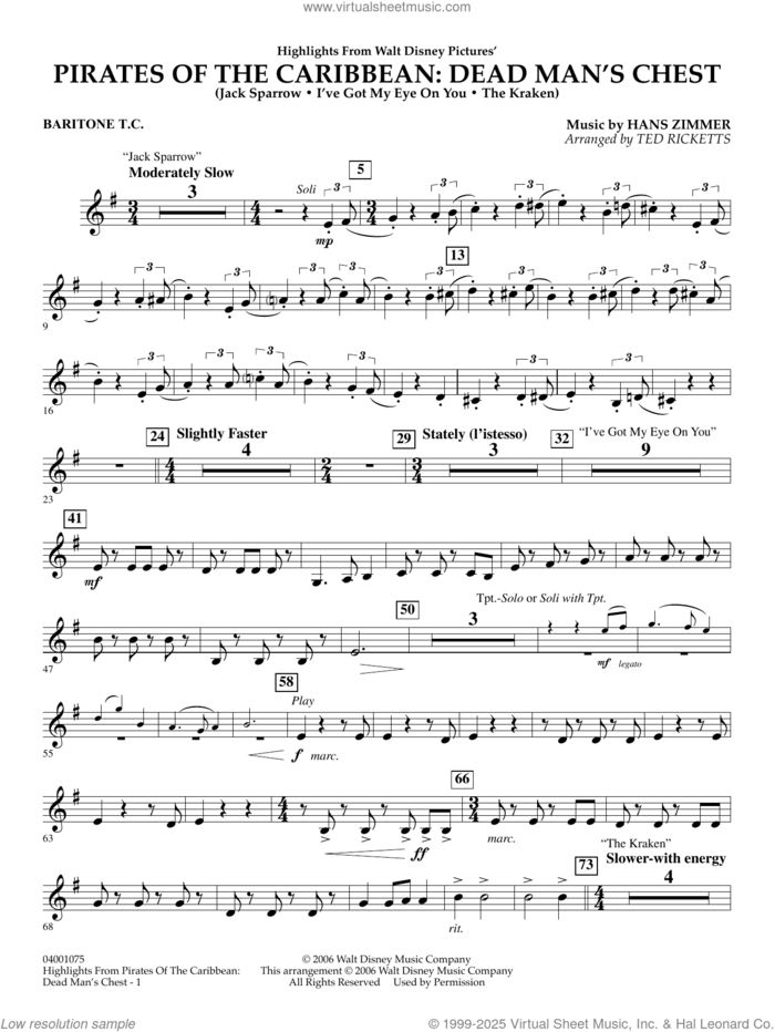 Highlights from Pirates Of The Caribbean: Dead Man's Chest sheet music for concert band (baritone t.c.) by Hans Zimmer and Ted Ricketts, intermediate skill level