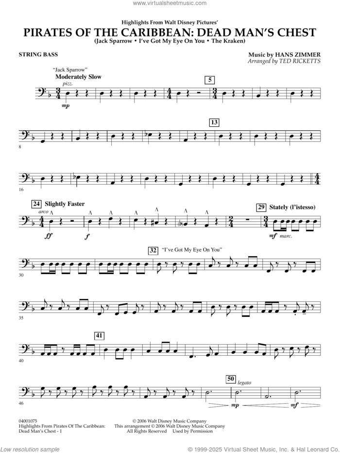 Highlights from Pirates Of The Caribbean: Dead Man's Chest sheet music for concert band (string bass) by Hans Zimmer and Ted Ricketts, intermediate skill level