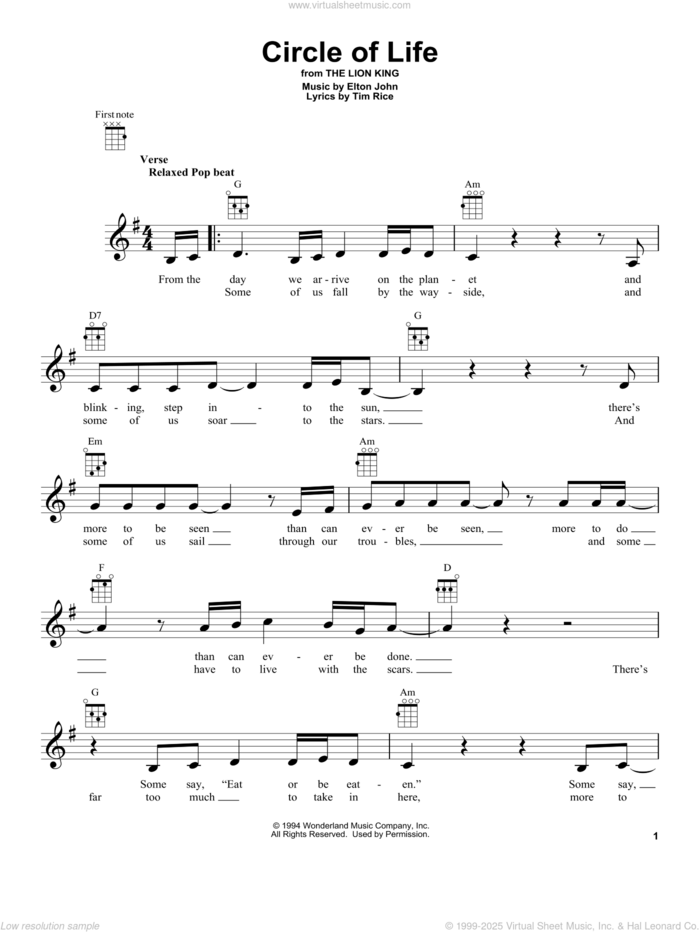 Circle Of Life (from The Lion King) sheet music for ukulele by Elton John and Tim Rice, intermediate skill level