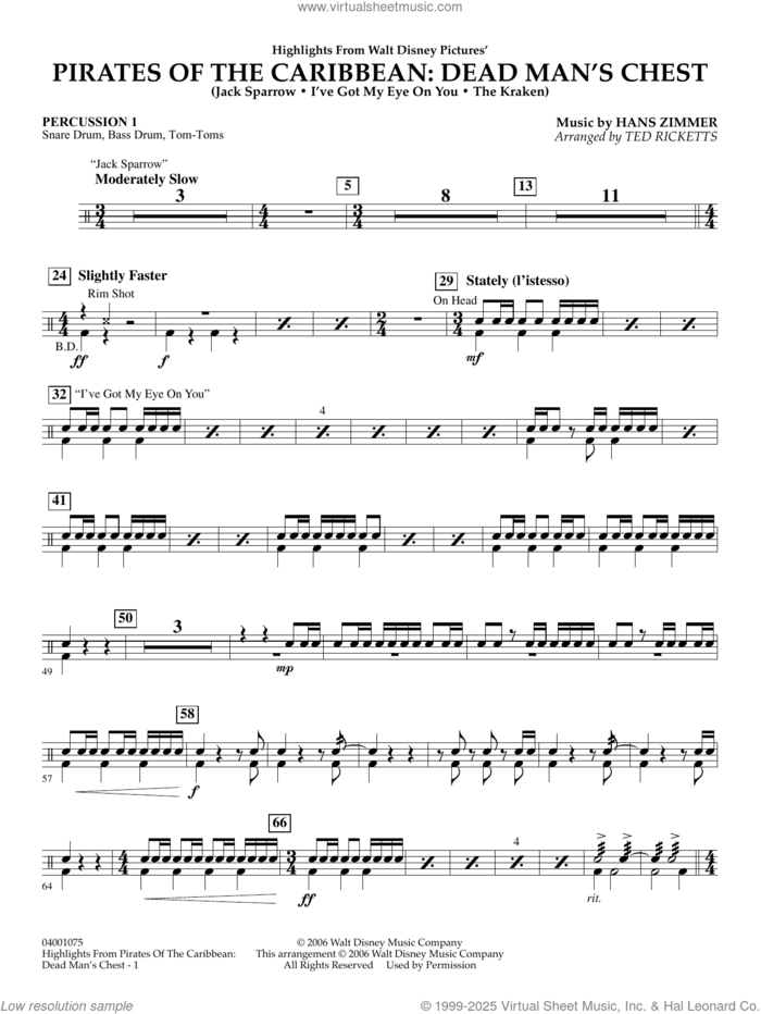 Highlights from Pirates Of The Caribbean: Dead Man's Chest sheet music for concert band (percussion 1) by Hans Zimmer and Ted Ricketts, intermediate skill level