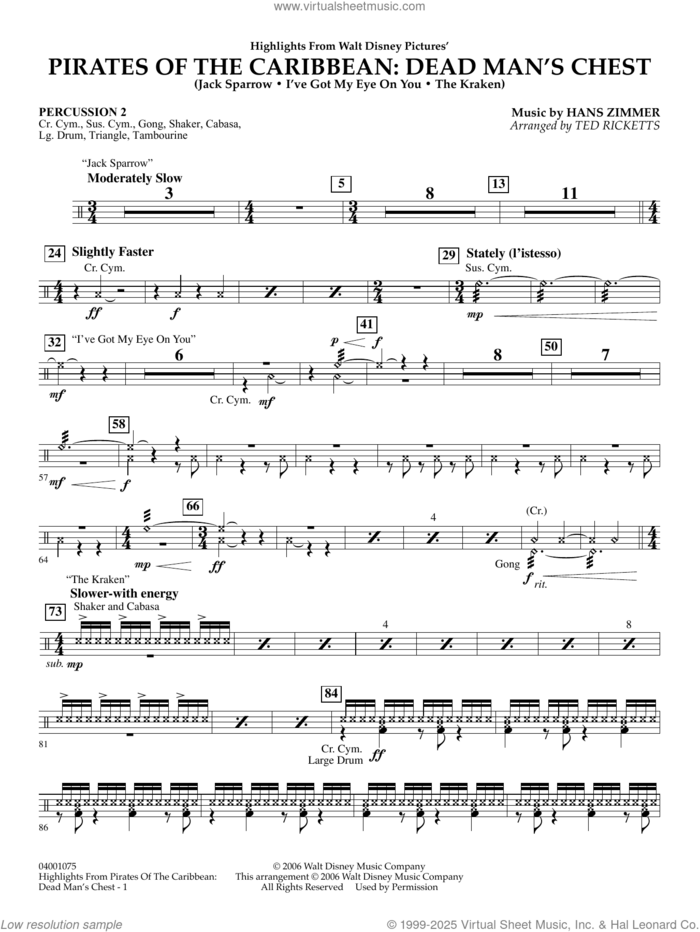 Highlights from Pirates Of The Caribbean: Dead Man's Chest sheet music for concert band (percussion 2) by Hans Zimmer and Ted Ricketts, intermediate skill level