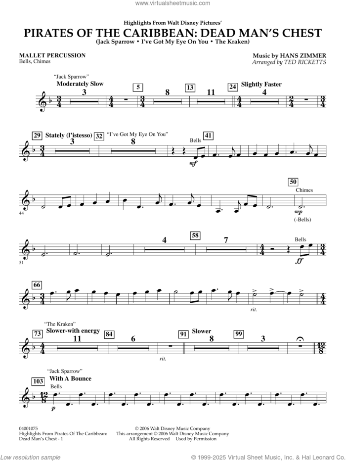 Highlights from Pirates Of The Caribbean: Dead Man's Chest sheet music for concert band (mallet percussion) by Hans Zimmer and Ted Ricketts, intermediate skill level