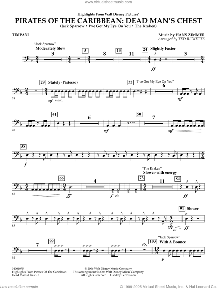 Highlights from Pirates Of The Caribbean: Dead Man's Chest sheet music for concert band (timpani) by Hans Zimmer and Ted Ricketts, intermediate skill level