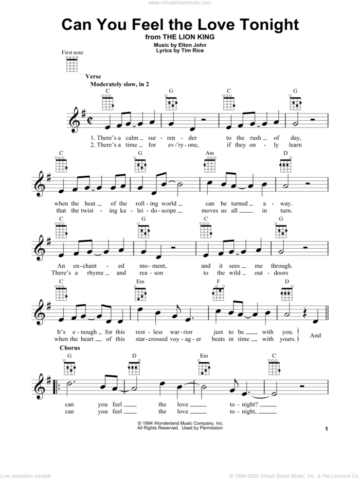 Can You Feel The Love Tonight (from The Lion King) sheet music for ukulele by Elton John and Tim Rice, wedding score, intermediate skill level