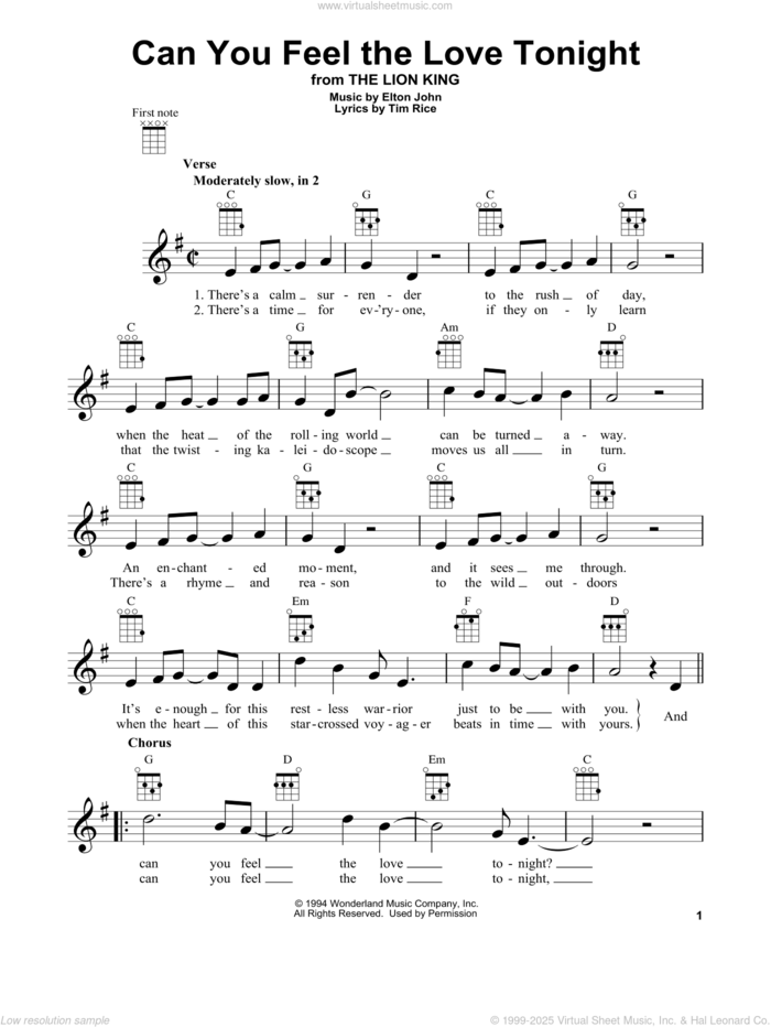 Can You Feel The Love Tonight (from The Lion King) sheet music for ukulele by Elton John and Tim Rice, wedding score, intermediate skill level