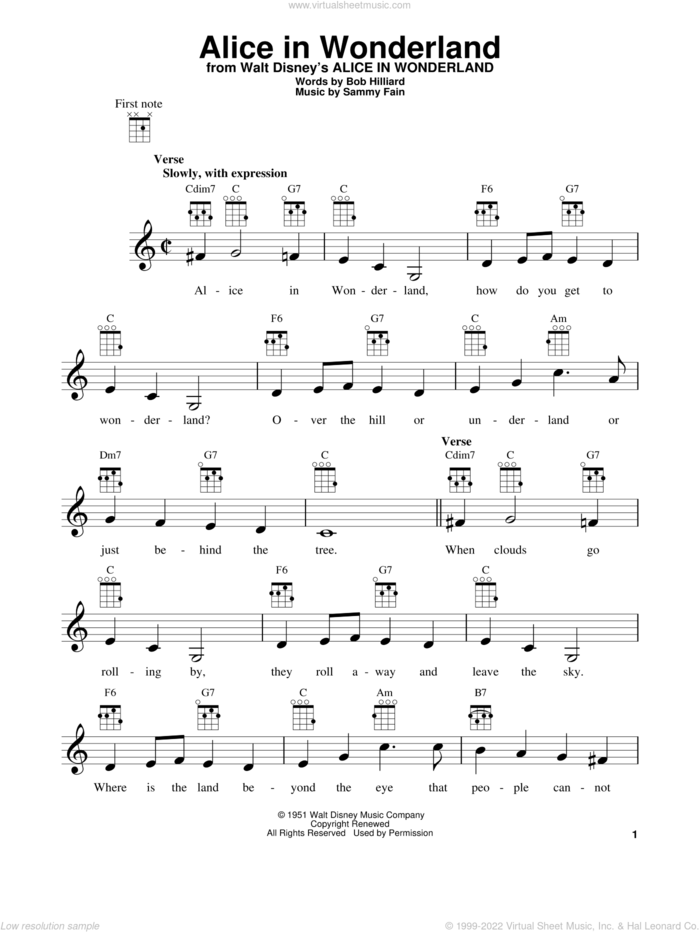 Alice In Wonderland sheet music for ukulele by Bill Evans, Bob Hilliard and Sammy Fain, intermediate skill level