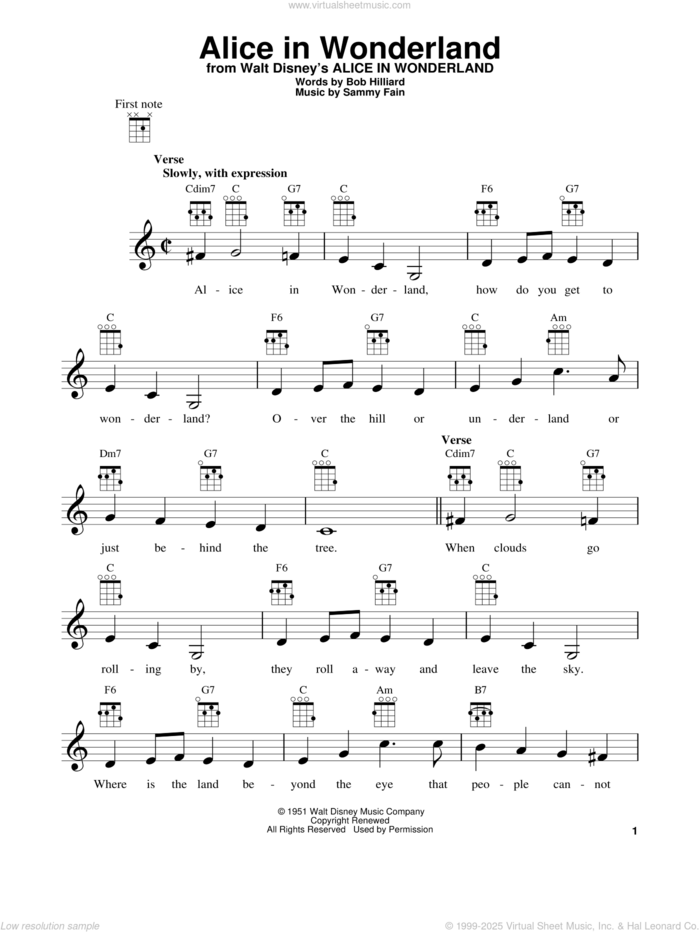 Alice In Wonderland sheet music for ukulele by Bill Evans, Bob Hilliard and Sammy Fain, intermediate skill level