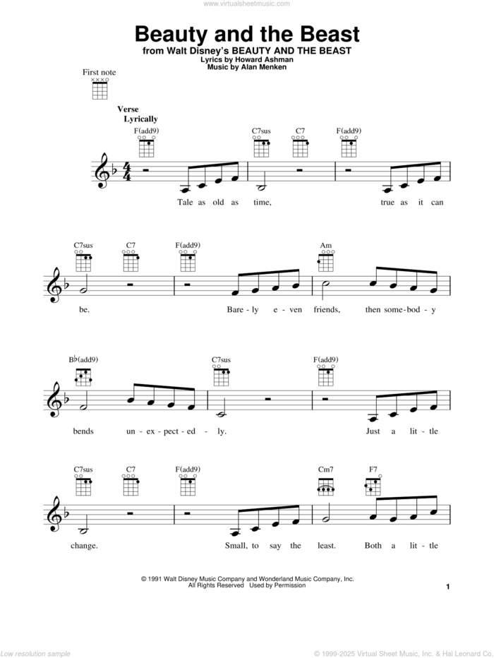 Beauty And The Beast sheet music for ukulele by Alan Menken, Celine Dion & Peabo Bryson, Alan Menken & Howard Ashman and Howard Ashman, wedding score, intermediate skill level