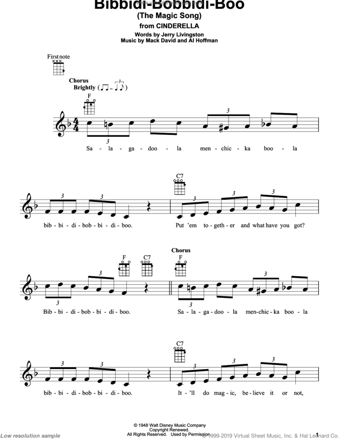 Bibbidi-Bobbidi-Boo (The Magic Song) (from Cinderella) sheet music for ukulele by Verna Felton, Al Hoffman, Jerry Livingston and Mack David, intermediate skill level