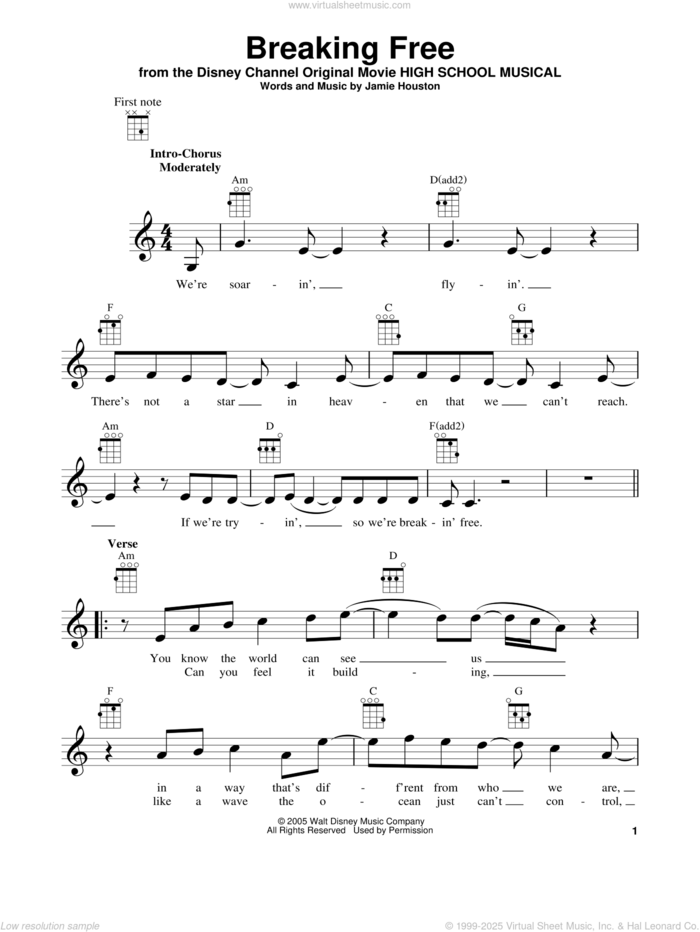 Breaking Free (from High School Musical) sheet music for ukulele by Jamie Houston, High School Musical and Zac Efron and Vanessa Anne Hudgens, intermediate skill level