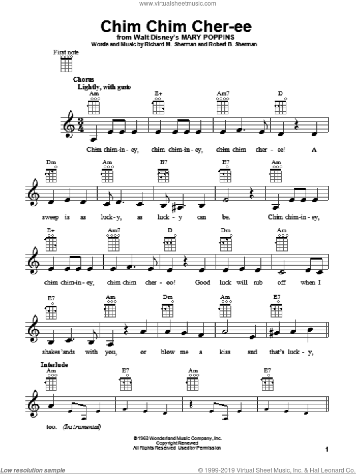 Chim Chim Cher-ee (from Mary Poppins) sheet music for ukulele by Sherman Brothers, Dick Van Dyke, Richard M. Sherman and Robert B. Sherman, intermediate skill level
