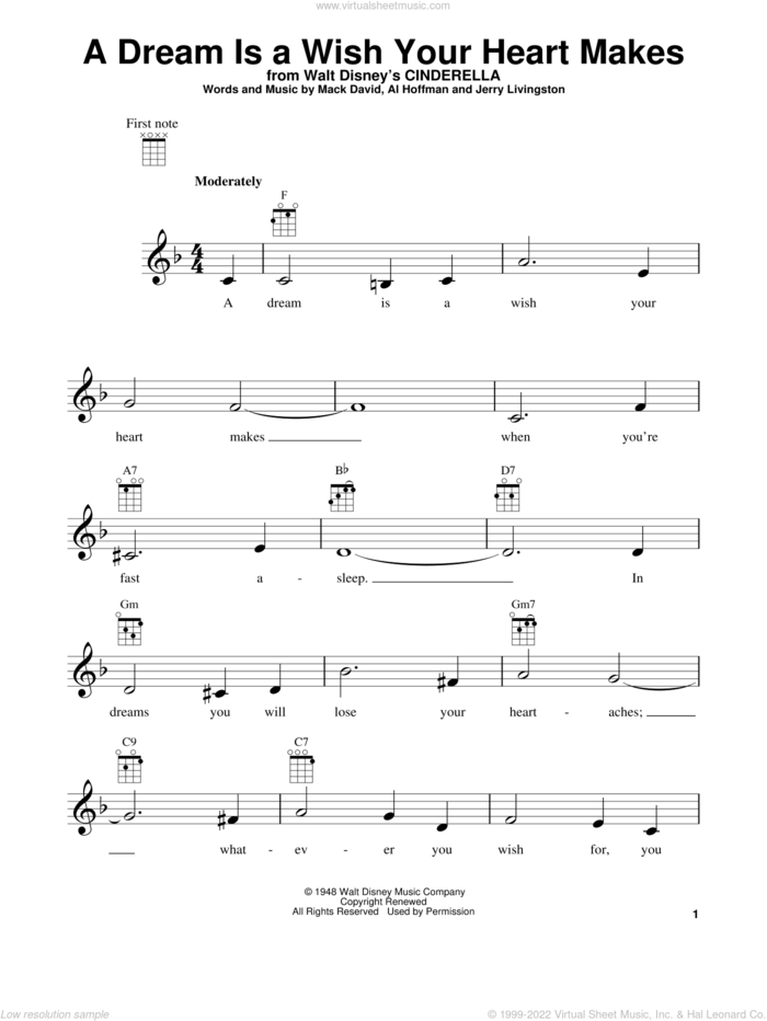 A Dream Is A Wish Your Heart Makes (from Cinderella) sheet music for ukulele by Al Hoffman, Ilene Woods, Linda Ronstadt, Jerry Livingston and Mack David, wedding score, intermediate skill level