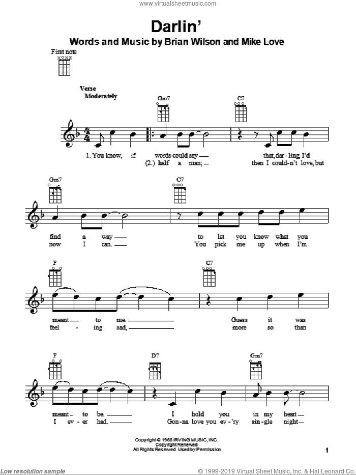 Darlin' sheet music for ukulele by The Beach Boys, Brian Wilson and Mike Love, intermediate skill level
