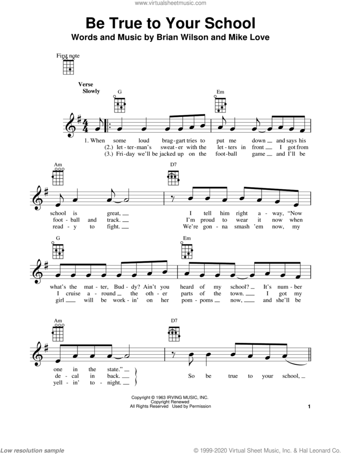 Be True To Your School sheet music for ukulele by The Beach Boys, Brian Wilson and Mike Love, intermediate skill level