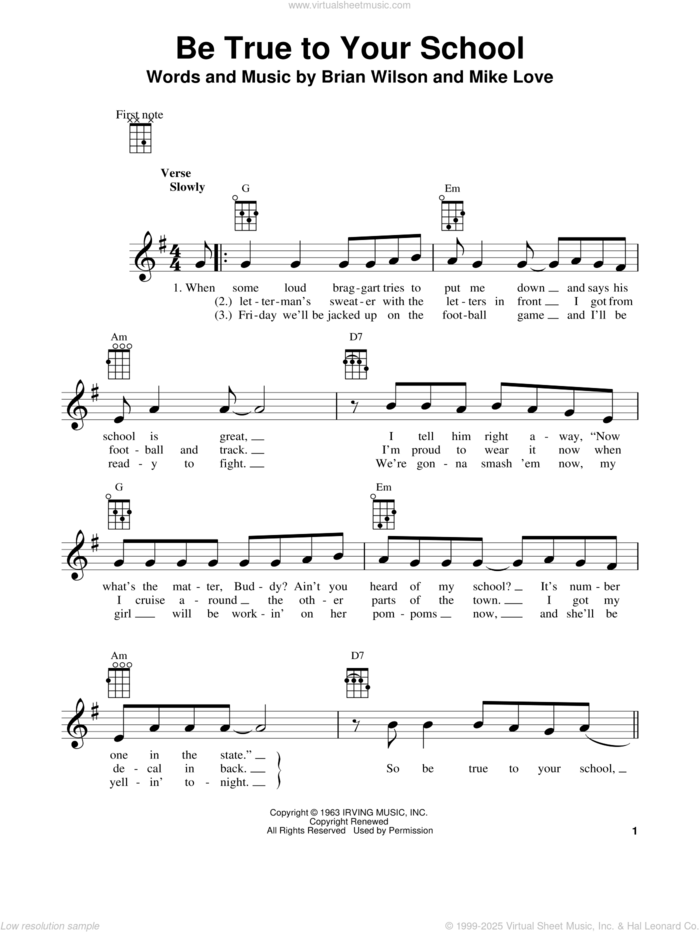 Be True To Your School sheet music for ukulele by The Beach Boys, Brian Wilson and Mike Love, intermediate skill level