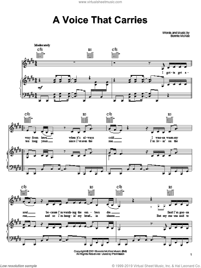 A Voice That Carries sheet music for voice, piano or guitar by Bonnie McKee, intermediate skill level