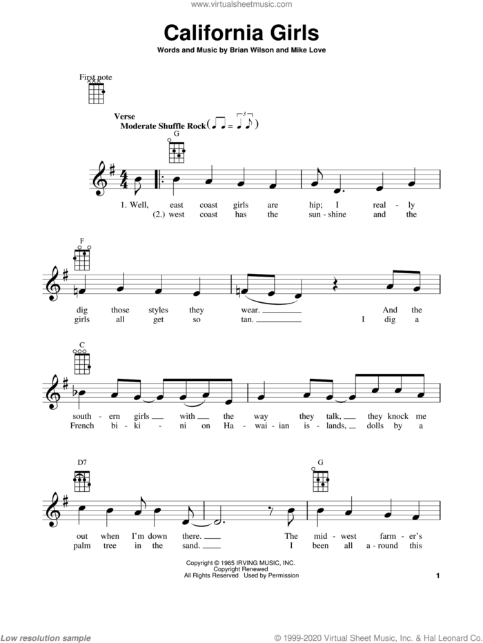 California Girls sheet music for ukulele by The Beach Boys, Brian Wilson and Mike Love, intermediate skill level