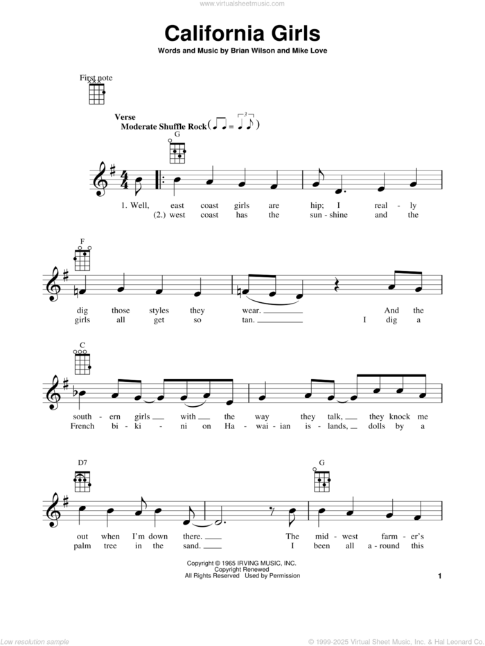 California Girls sheet music for ukulele by The Beach Boys, Brian Wilson and Mike Love, intermediate skill level