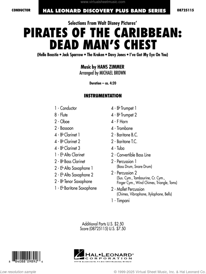 Pirates of the Caribbean: Dead Man's Chest (Selections from) (arr. Brown) sheet music for concert band (full score) by Hans Zimmer and Michael Brown, intermediate skill level