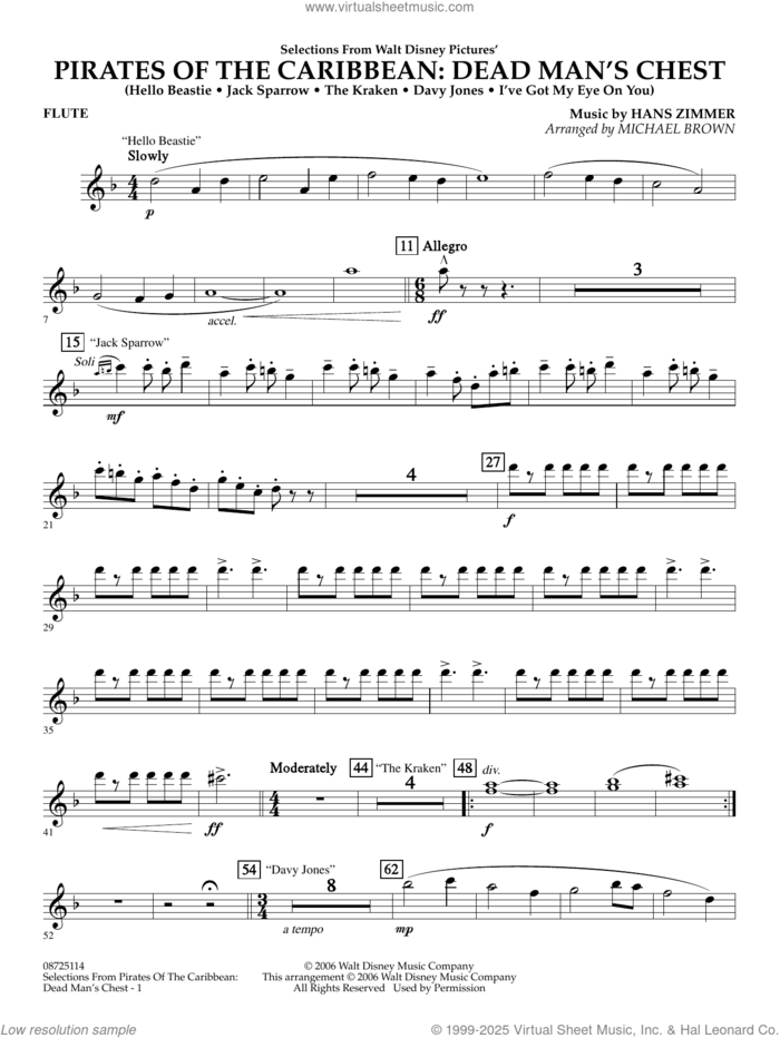 Pirates of the Caribbean: Dead Man's Chest (Selections from) (arr. Brown) sheet music for concert band (flute) by Hans Zimmer and Michael Brown, intermediate skill level