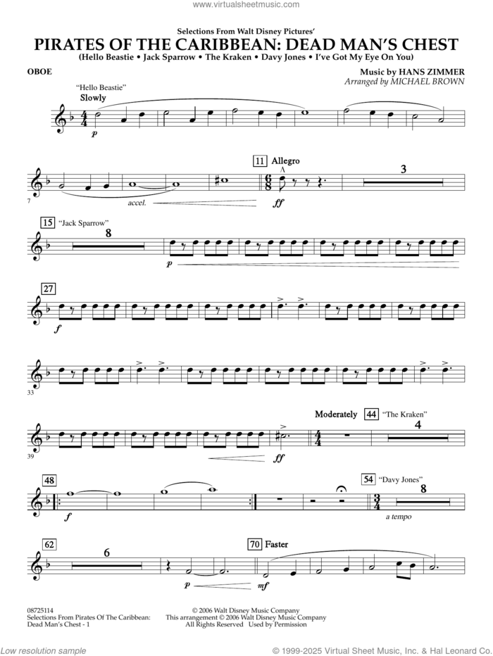 Pirates of the Caribbean: Dead Man's Chest (Selections from) (arr. Brown) sheet music for concert band (oboe) by Hans Zimmer and Michael Brown, intermediate skill level