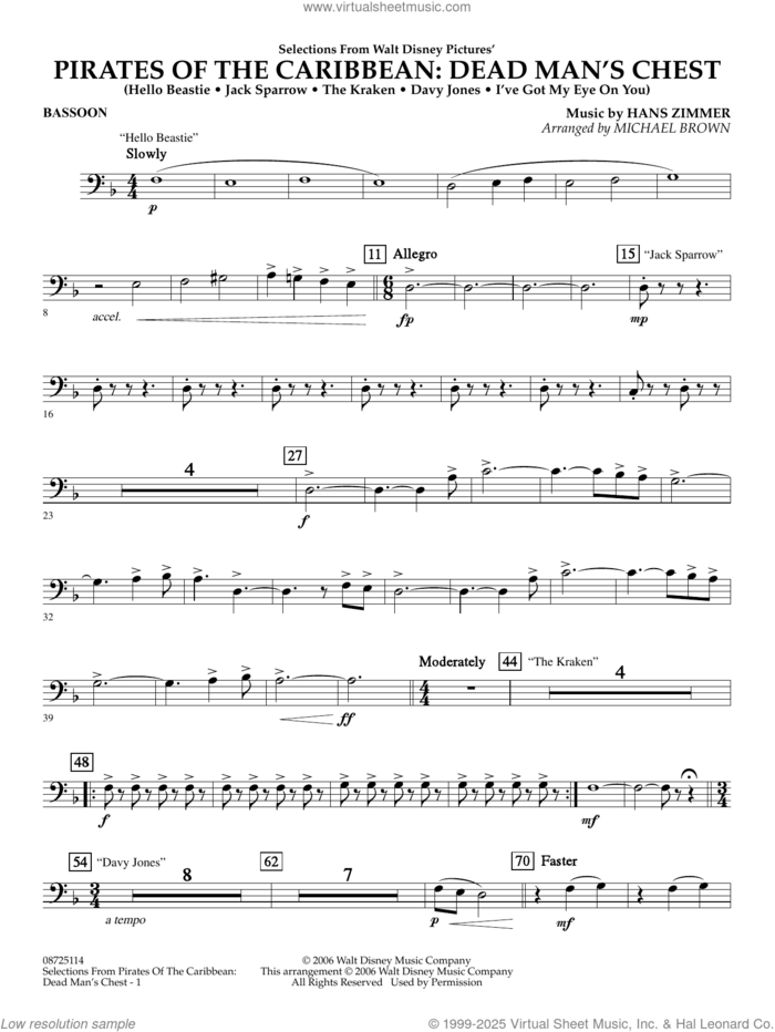 Pirates of the Caribbean: Dead Man's Chest (Selections from) (arr. Brown) sheet music for concert band (bassoon) by Hans Zimmer and Michael Brown, intermediate skill level