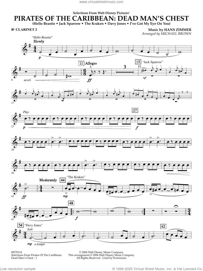Pirates of the Caribbean: Dead Man's Chest (Selections from) (arr. Brown) sheet music for concert band (Bb clarinet 2) by Hans Zimmer and Michael Brown, intermediate skill level