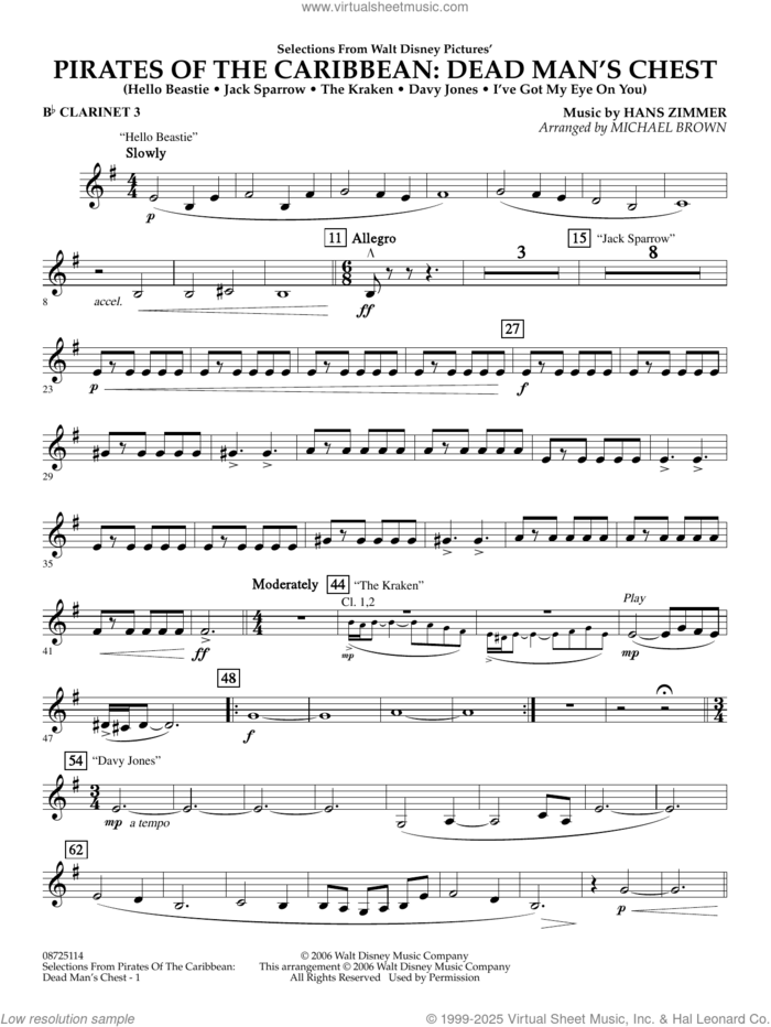 Pirates of the Caribbean: Dead Man's Chest (Selections from) (arr. Brown) sheet music for concert band (Bb clarinet 3) by Hans Zimmer and Michael Brown, intermediate skill level