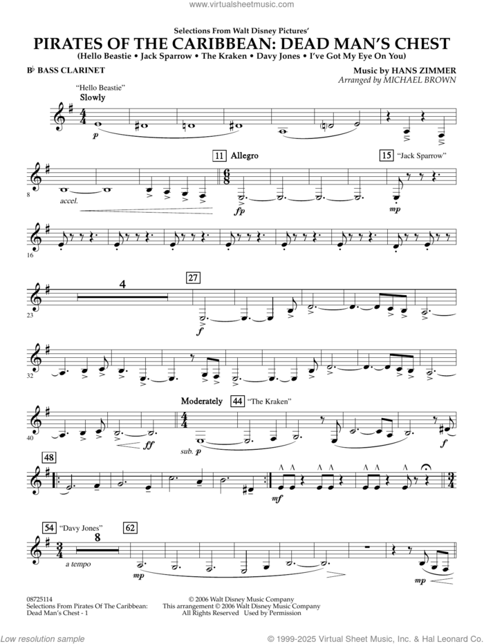 Pirates of the Caribbean: Dead Man's Chest (Selections from) (arr. Brown) sheet music for concert band (Bb bass clarinet) by Hans Zimmer and Michael Brown, intermediate skill level