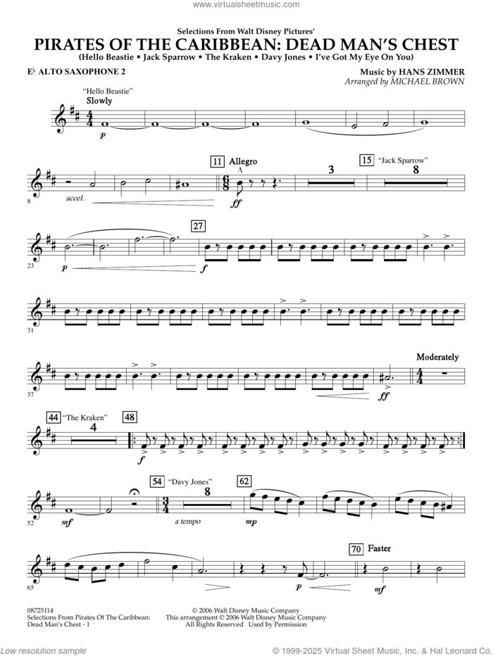 Pirates of the Caribbean: Dead Man's Chest (Selections from) (arr. Brown) sheet music for concert band (Eb alto saxophone 2) by Hans Zimmer and Michael Brown, intermediate skill level