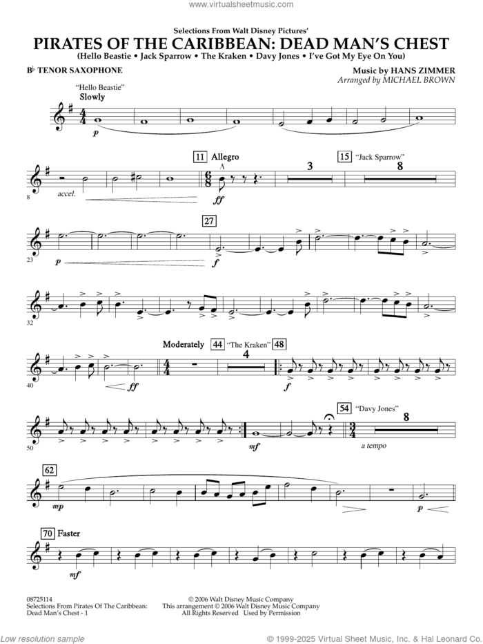 Pirates of the Caribbean: Dead Man's Chest (Selections from) (arr. Brown) sheet music for concert band (Bb tenor saxophone) by Hans Zimmer and Michael Brown, intermediate skill level