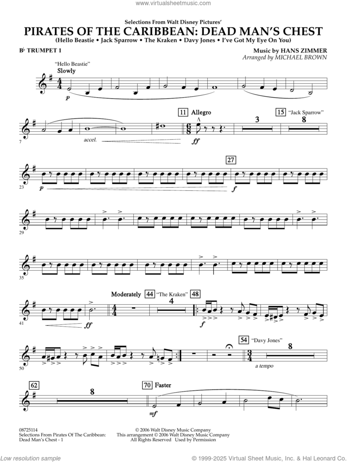 Pirates of the Caribbean: Dead Man's Chest (Selections from) (arr. Brown) sheet music for concert band (Bb trumpet 1) by Hans Zimmer and Michael Brown, intermediate skill level